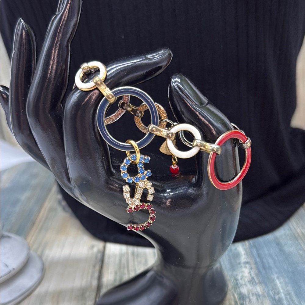 ⭐️Adorned Crown Jewelry assemblage USA red white blue charm bracelet